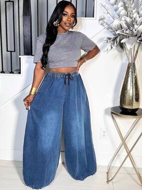 Full Size Drawstring Wide Leg Jeans Plus Size